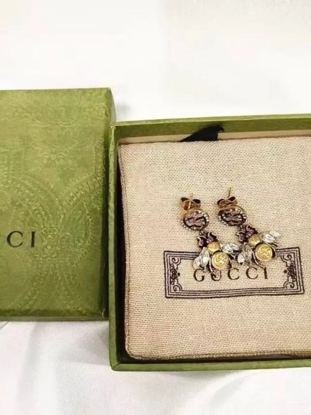 Gucci Vintage Bee Interlocking GG Crystal Drop Earrings